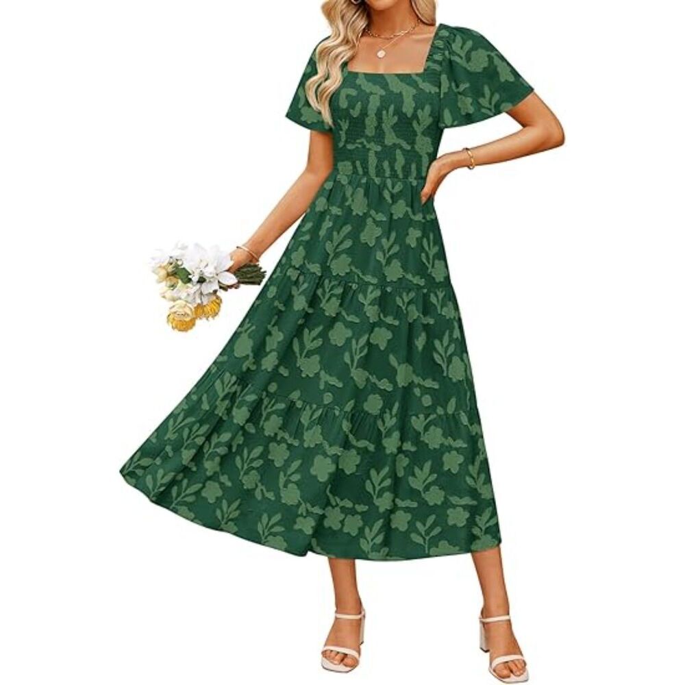 Women Green Square Neck A Line Short Sleeve Casual Summer Graduation Long Dress